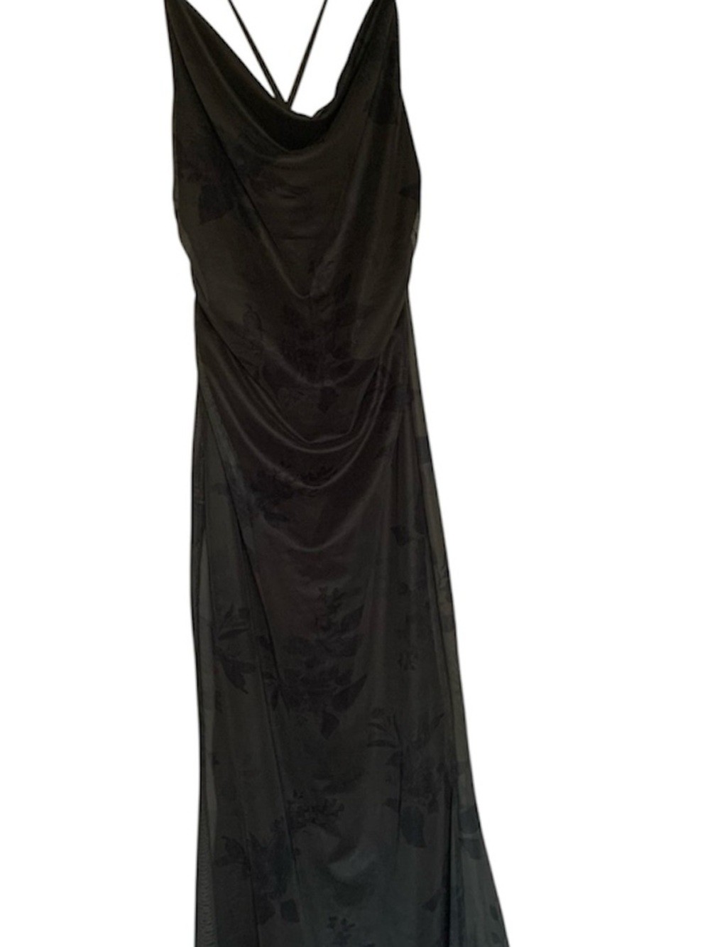 ROMWE Black Floral Mesh Cowl Neck Criss Cross Back Midi Dress Size S 90s Y2K